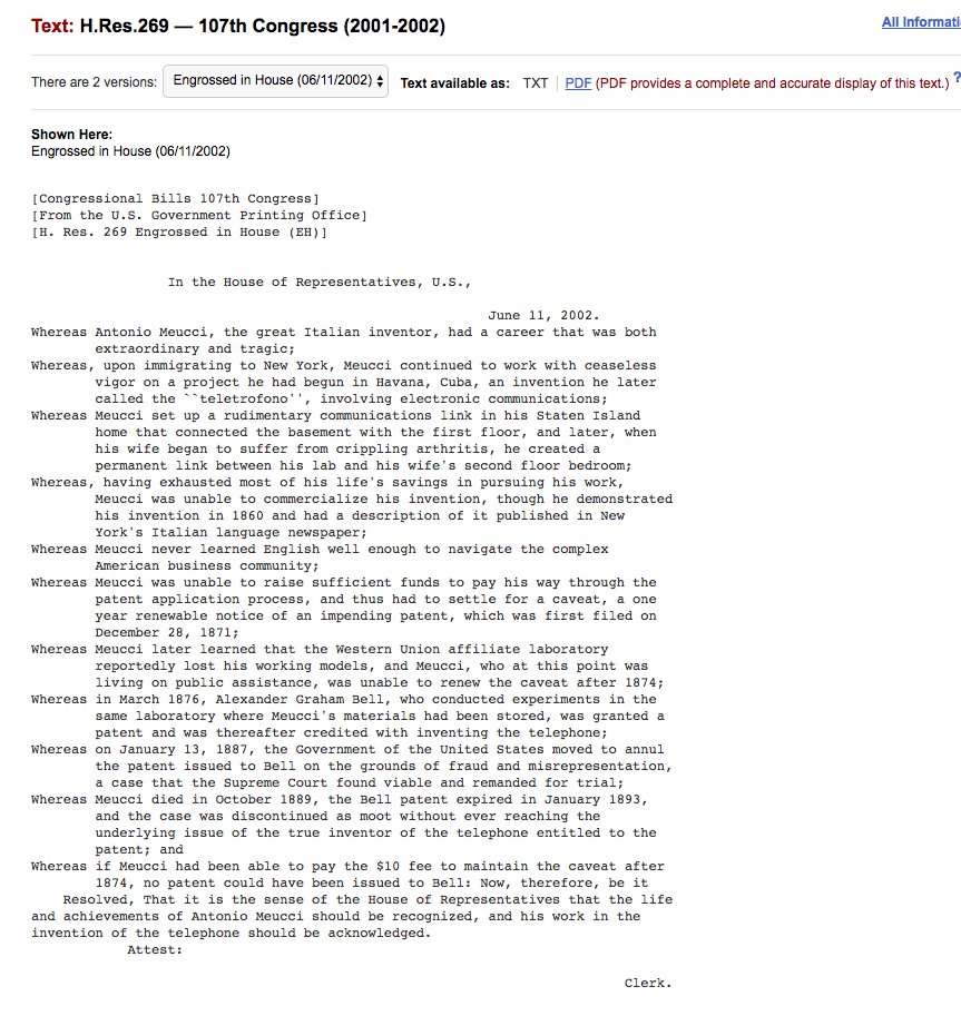 Antonio Meucci acknowledgement